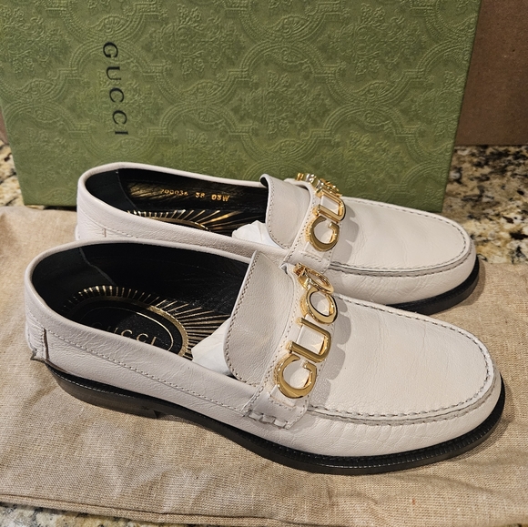 NWB Gucci Mystic White Cara Logo Loafer Loafers Flats Slip Ons Leather - Picture 3 of 10